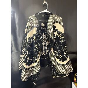 Milano Womens Open Front Cardigan Sweater Black Ivory Baroque Damask S/M